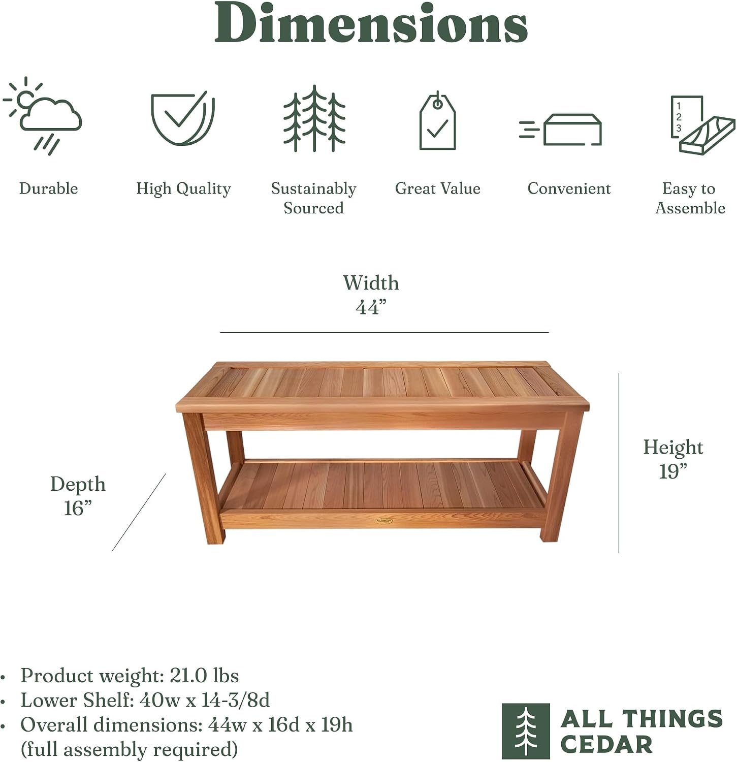 All Things Cedar 44' Deluxe Cedar Wood Sauna Bench, Indoor Outdoor Seating, Natural