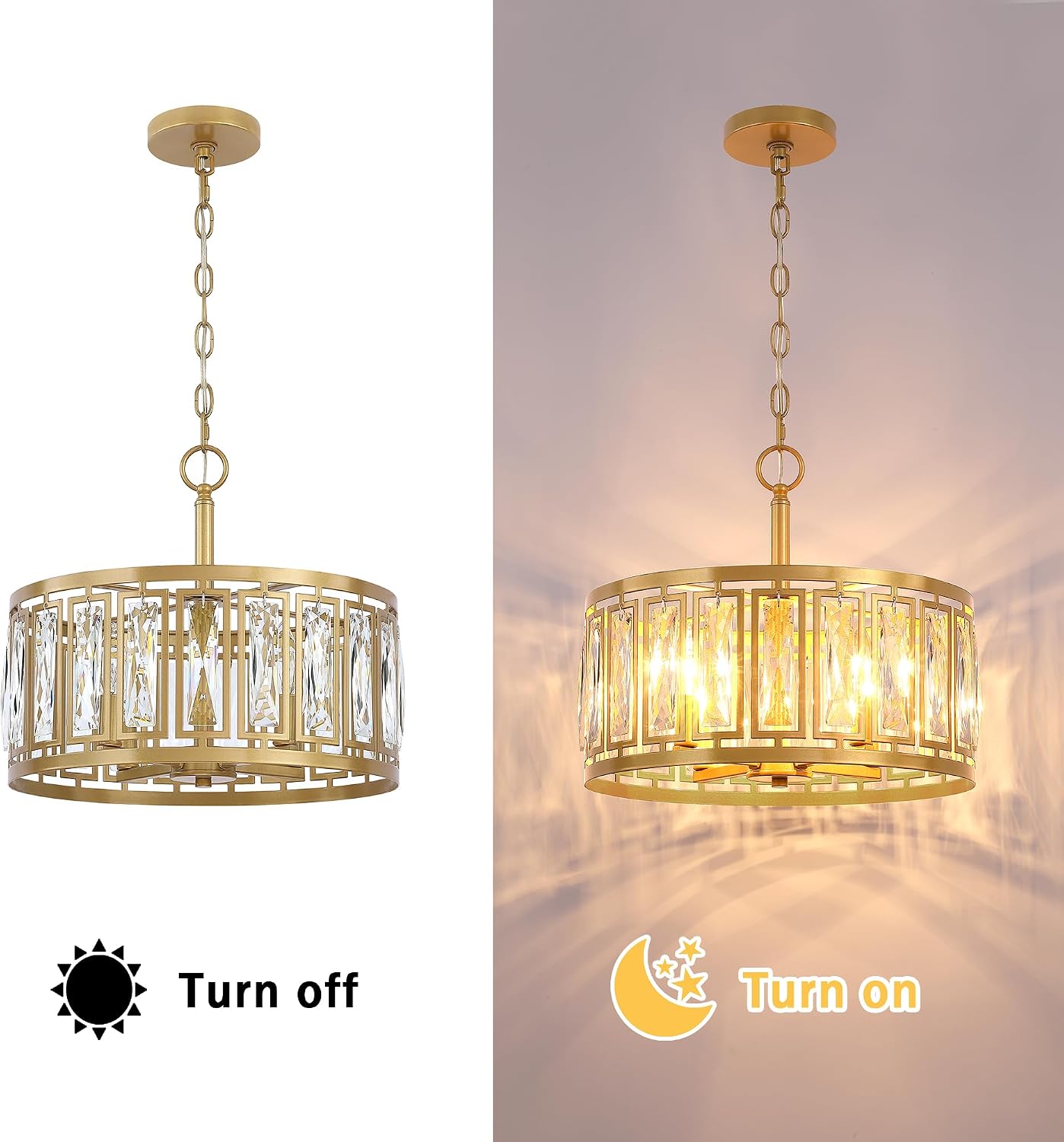 Gold Crystal Chandelier, 4-Light Semi Flush Mount Chandelier Crystal Entry Way Light Fixture Gold Dining Room Light Fixtures Adjustable Height Hanging Pendant Light for Bedroom Living Room