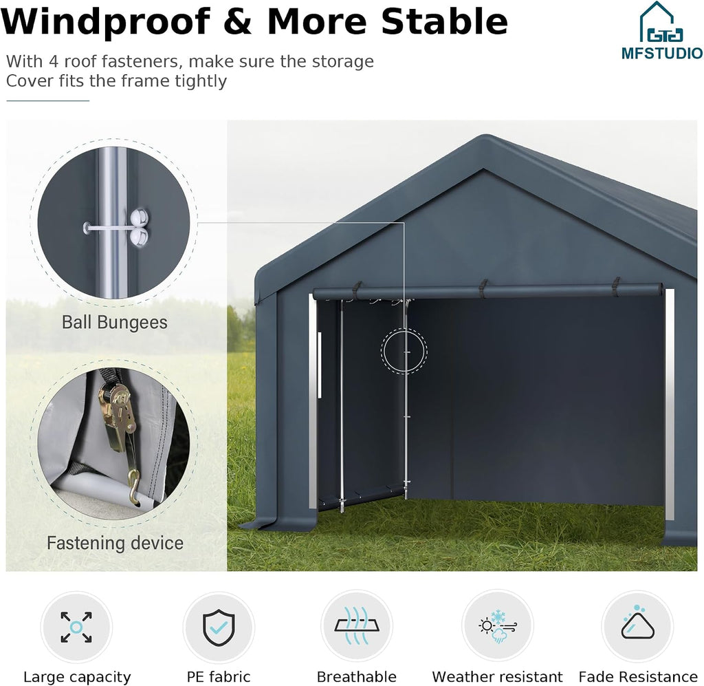MFSTUDIO Portable Carport Garage,13x24 Car Tent Garage Heavy Duty Shed Carports Storage Tents with Rolled up Zipper Doors, Extra Large Car Canopy Tent with Roll-up Sidewalls for Boat,Truck,Tools