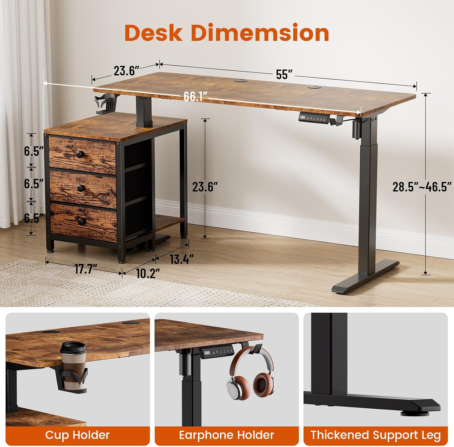 REAHOME Electric Standing Desk with Drawers, 55 x 24 Inches Height Adjustable Sit Stand Desk with Storage, 3 Memory Preset Home Office Computer Desk, Printer Cabinet Cable Management, Rustic Brown
