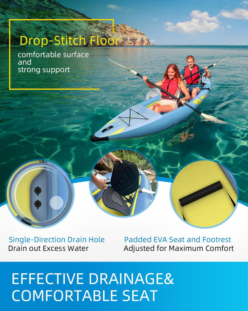 OCEANBROAD Inflatable Sit-in Kayak(NO HIN), 1 Person/2 Person Blow Up Kayak for Adults with Paddle, Kayak Seat, Pedal, Hand Pump and Bag, Blue/Sky Blue