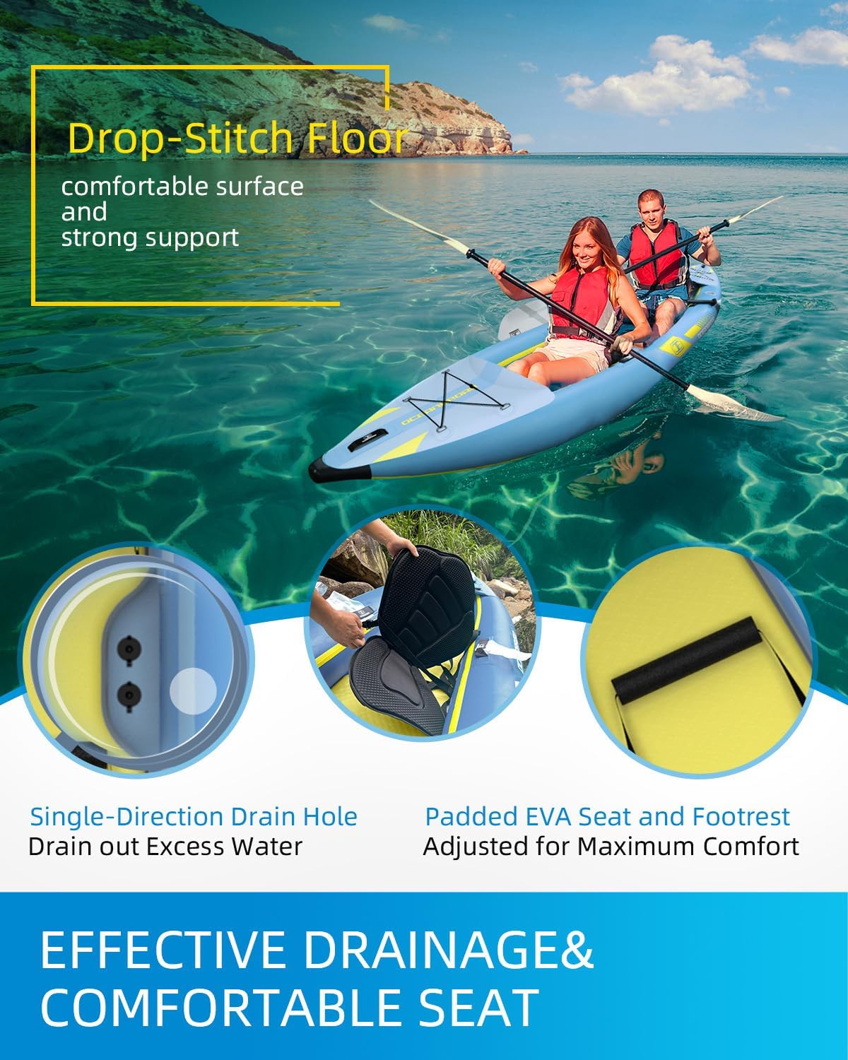 OCEANBROAD Inflatable Sit-in Kayak(NO HIN), 1 Person/2 Person Blow Up Kayak for Adults with Paddle, Kayak Seat, Pedal, Hand Pump and Bag, Blue/Sky Blue
