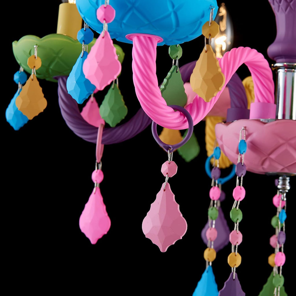 6-Light Children Crystal Chandeliers, Modern Design Rainbow Colorful Pendant Light Fixture for Bedroom, Dining Room, D23×H33~71 inch(Adjustable Height), Macaron Color Finish & K9 Crystal
