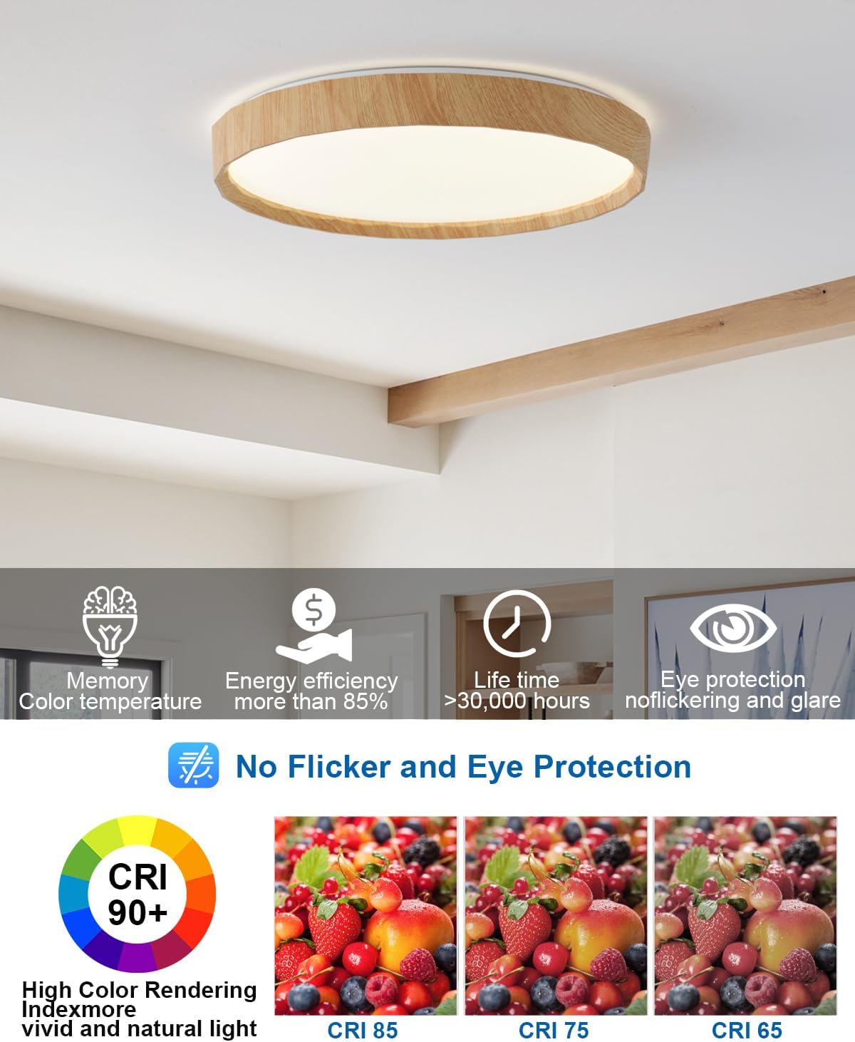 ANYLOVE 19 inch LED Flush Mount Ceiling Light Fixture,3000K 4000K 5000K Adjustable Ceiling Lights, Farmhouse Oak Wood Grain Ceiling Light for Bedroom Hallway Bathroom Kitchen