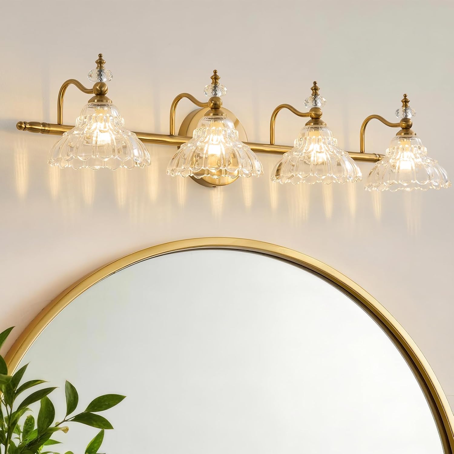 LOUSACE 4-Light Gold Vintage Bathroom Vanity Lights, Antique Brass Bathroom Lighting Fixture Over Mirror with Crystal Glass Shade, Retro Brass Vanity Lighting Fixtures Wall Sconce for Bathroom Bedroom