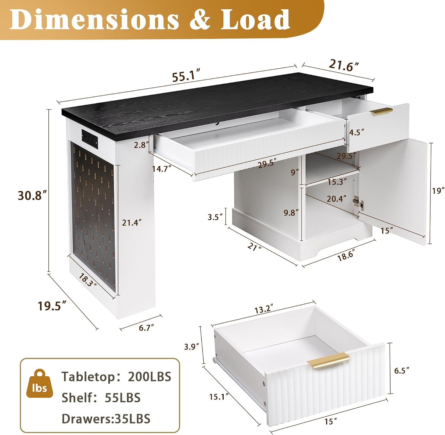 RiteSune 55' Office Desk with USB Charging, Fluted Computer Desk with Pegboard, Convertible Keyboard Tray & Adjustable Storage Cabinet, Modern Home Office Desk