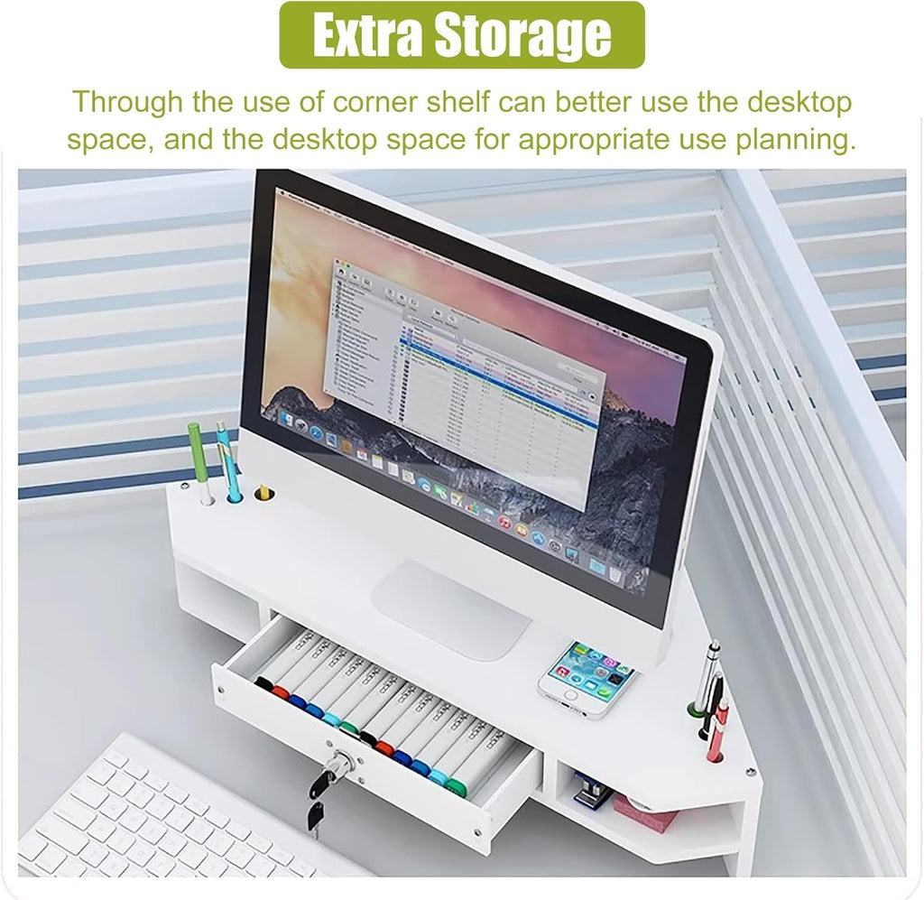 White Triangular Monitor Stand with Drawer 2-Tier Wooden DeskAdjustable Computer Riser for Home Office Space-Saving Desk Storage Solution.