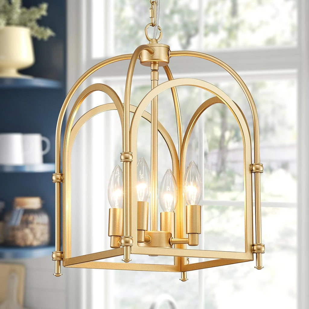 4-Light Gold Chandelier, Modern Farmhouse Lantern Chandelier with Rustic Cage Hanging Pendant Light Fixture for Kitchen Island Bedroom Living Room Entryway Foyer, Dining Room Light Fixtures Over Table