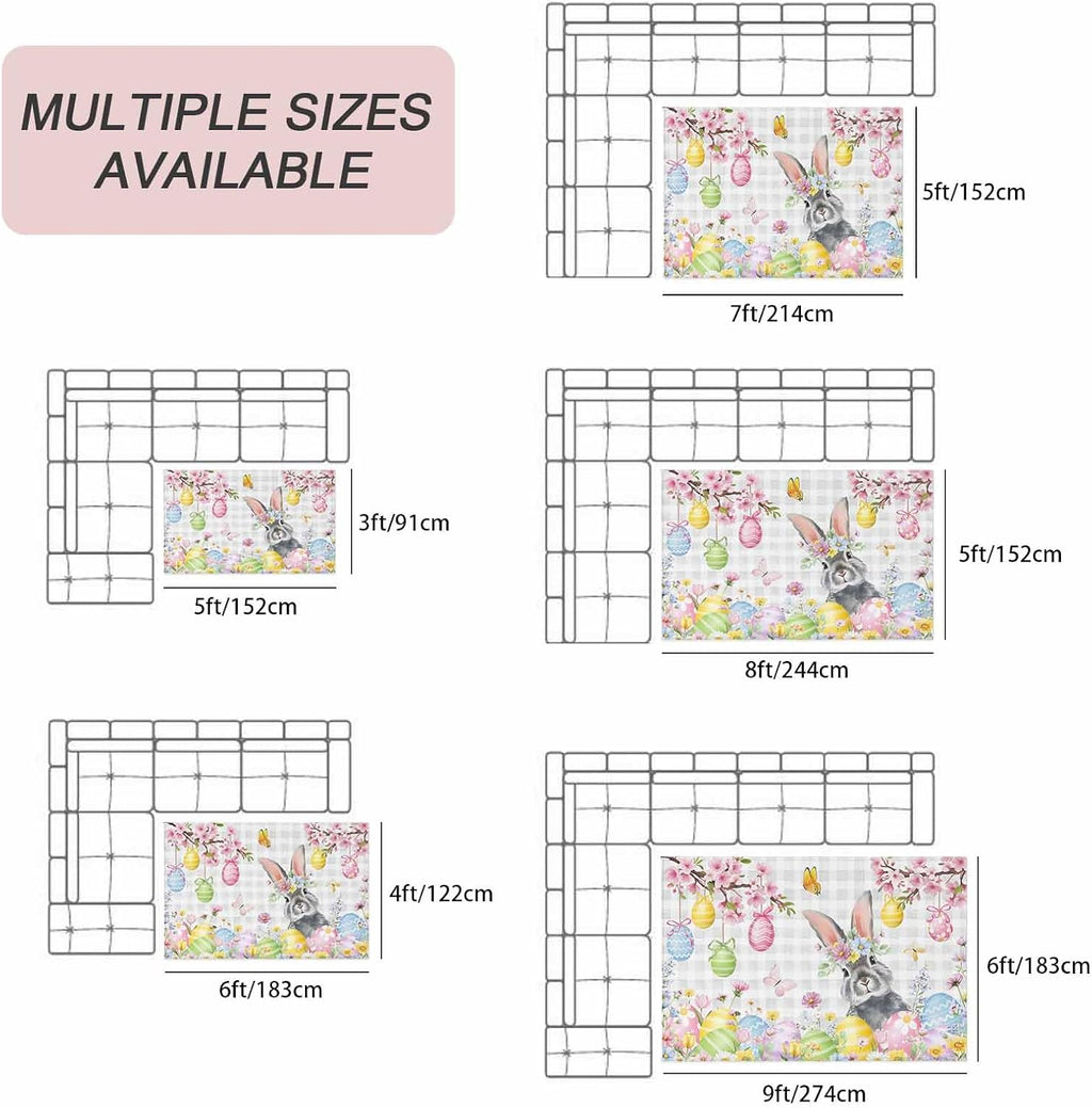 Grey Easter Bunny Outdoor Rug for Patio/Deck/Porch, Non-Slip Large Area Rug 6 x 9 Ft, Spring Colorful Eggs Flower Branch Plaid Indoor Outdoor Rugs Washable Area Rugs, Camping Rug Carpet Runner