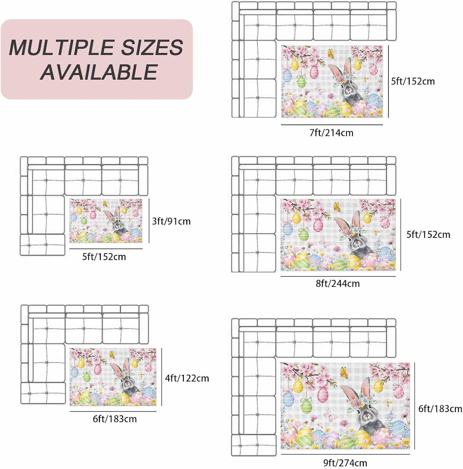 Grey Easter Bunny Outdoor Rug for Patio/Deck/Porch, Non-Slip Large Area Rug 6 x 9 Ft, Spring Colorful Eggs Flower Branch Plaid Indoor Outdoor Rugs Washable Area Rugs, Camping Rug Carpet Runner