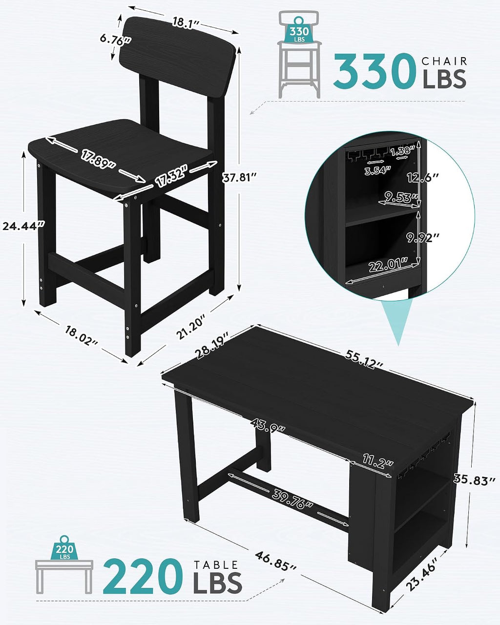 SERWALL 10-Piece HDPE Counter Height Dining Table Sets with Storage and Wine Rack, 2 Rectangular Bar Table with Bar Stools Set of 8 for Garden, Backyard, Kitchen, Black