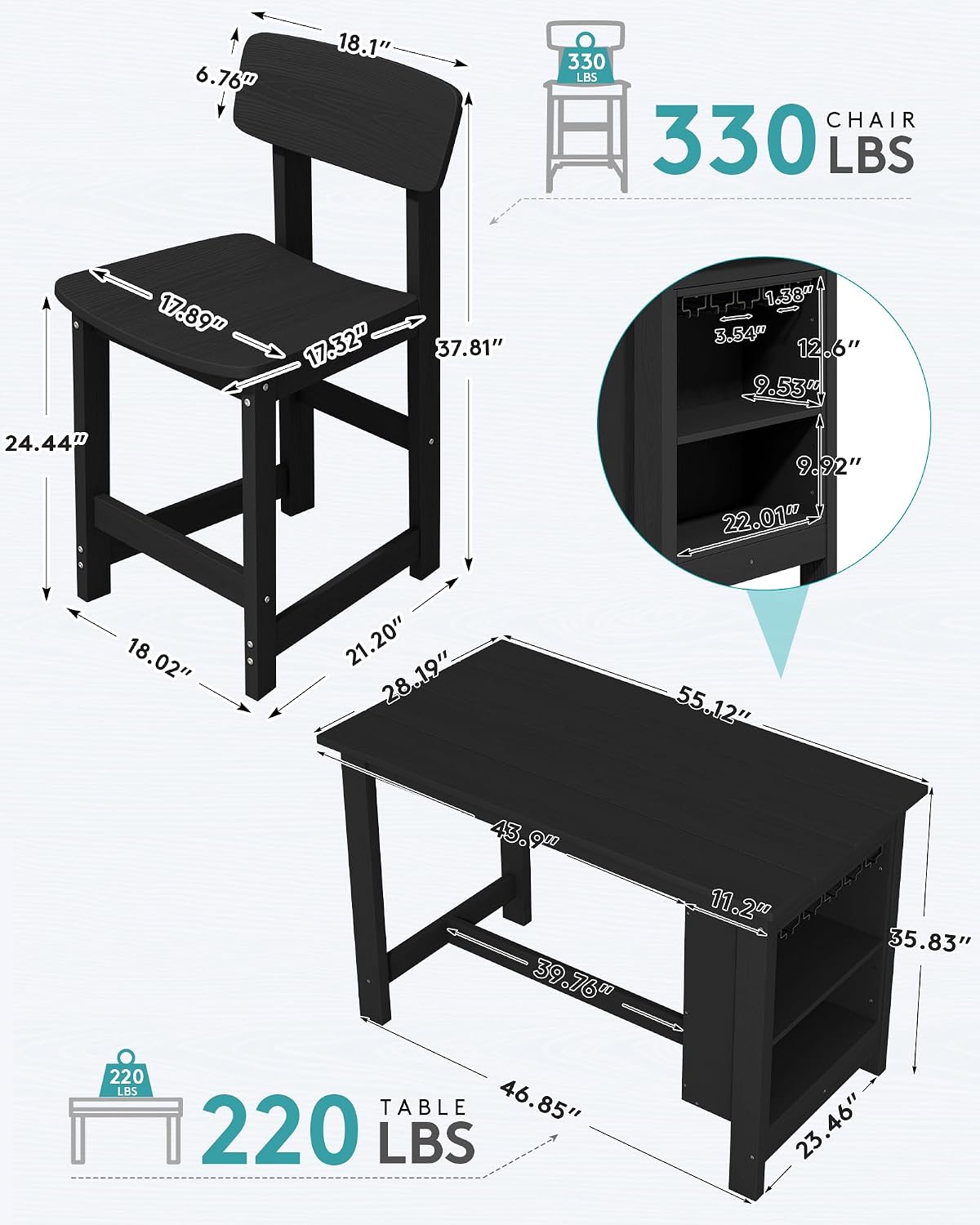 SERWALL 10-Piece HDPE Counter Height Dining Table Sets with Storage and Wine Rack, 2 Rectangular Bar Table with Bar Stools Set of 8 for Garden, Backyard, Kitchen, Black
