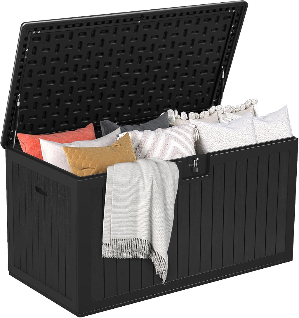 DWVO 180 Gallon Double-Wall Deck Box, XL Large Resin Outdoor Storage Box, Lockable & Waterproof, Double as Seating, 1000lbs Capacity (Black)