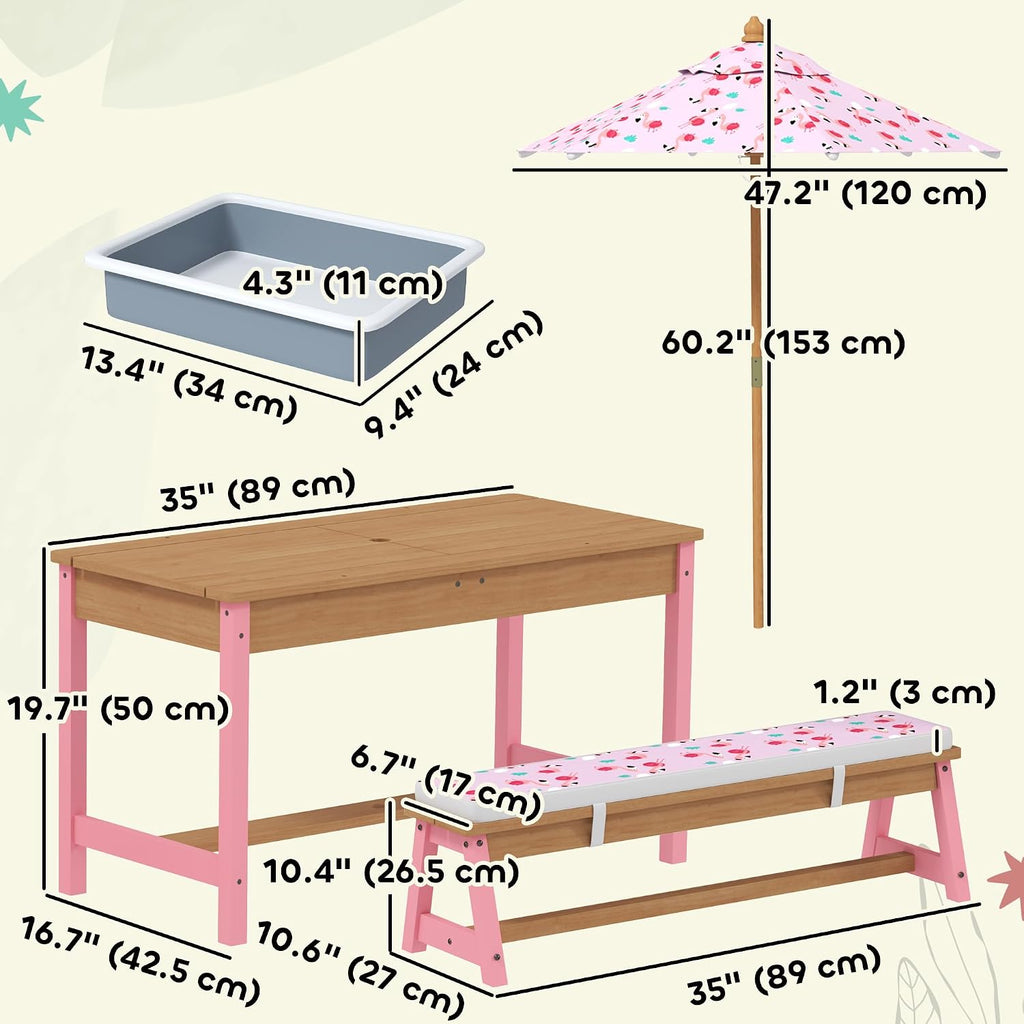 Qaba Kids Picnic Table, Wooden Table and Bench Set with Foldable Umbrella, Removable Cushions & Boxes, Flamingo Theme Children Activity Table Outdoor Furniture for Patio, Pink