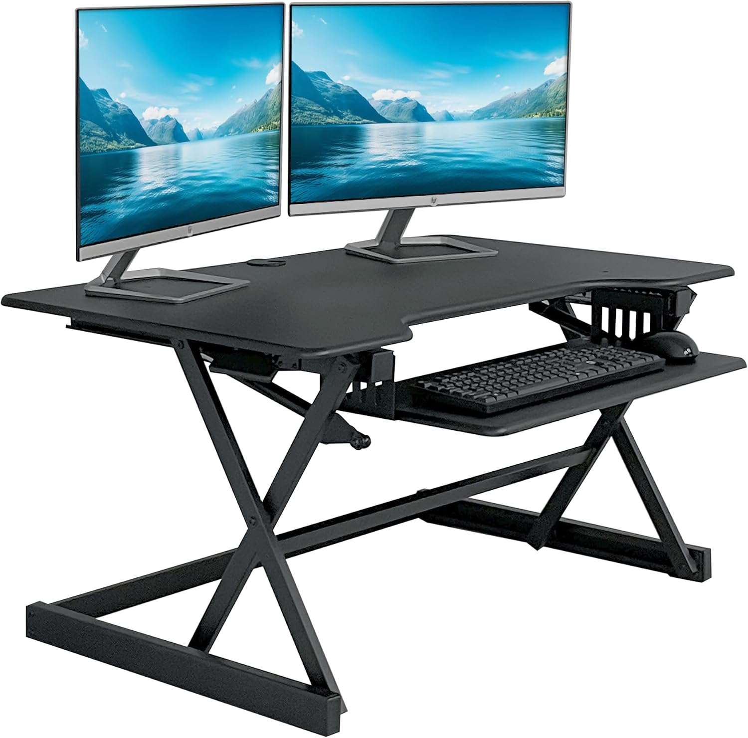 Rocelco 40' Height Adjustable Standing Desk Converter with AC Outlet USB Charger and Anti-Fatigue Floor Mat - Sit Stand Up Tabletop Riser - Sliding Keyboard Tray - Black (R DADRB-40-ACUSB-MAFM)