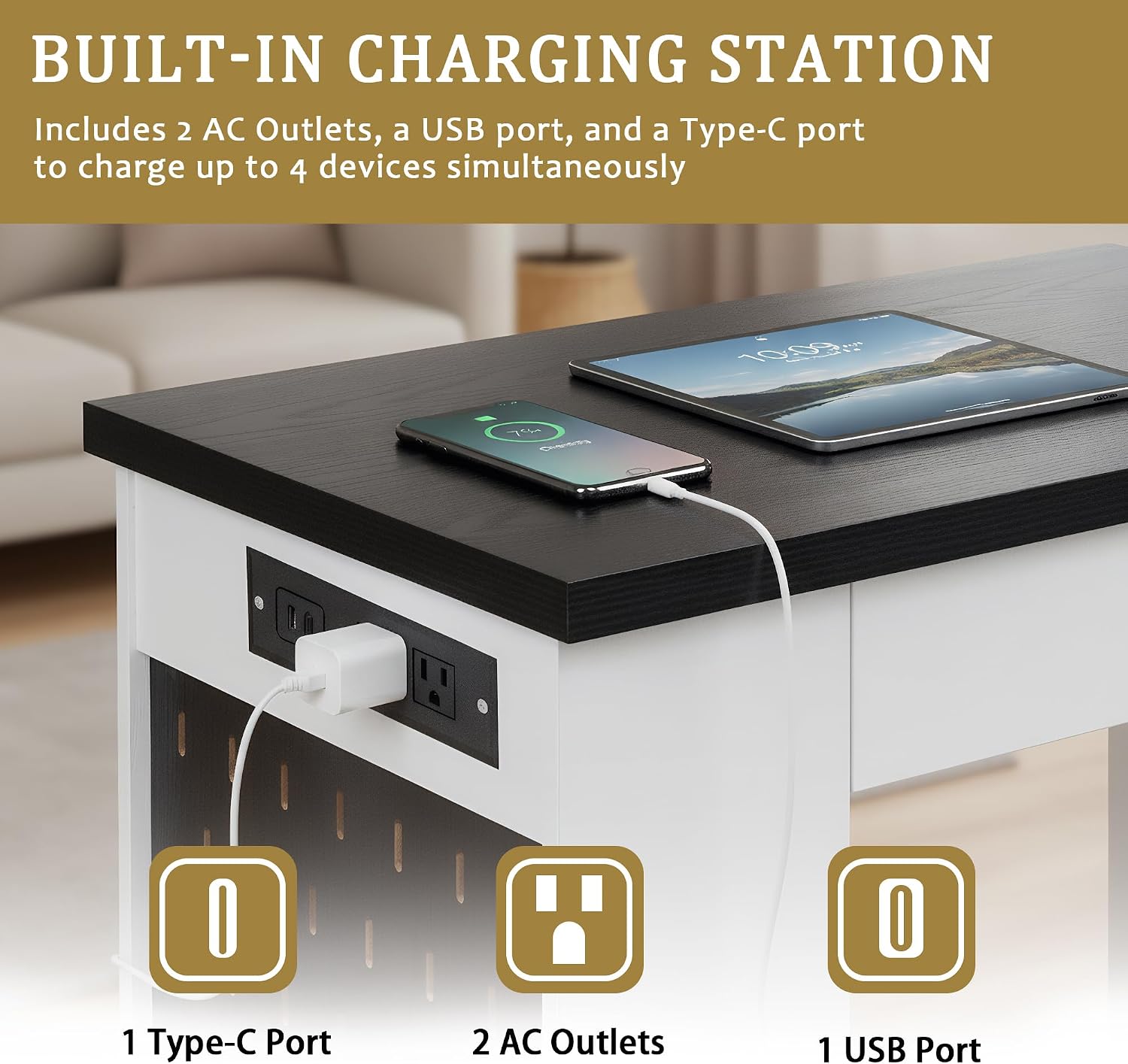 RiteSune 55' Office Desk with USB Charging, Fluted Computer Desk with Pegboard, Convertible Keyboard Tray & Adjustable Storage Cabinet, Modern Home Office Desk