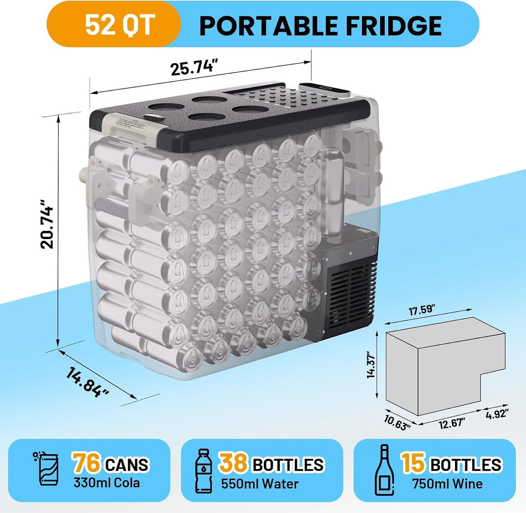 12V Car Refrigerator, 53QT Dual Zone Portable Refrigerator, Electric Cooler & Car Fridge, Plug In Cooler, Car Cooler for SUV, RV, Camping, Road Trips, Freezer 0°F-50°F, 12V/24V DC, 110-240V AC