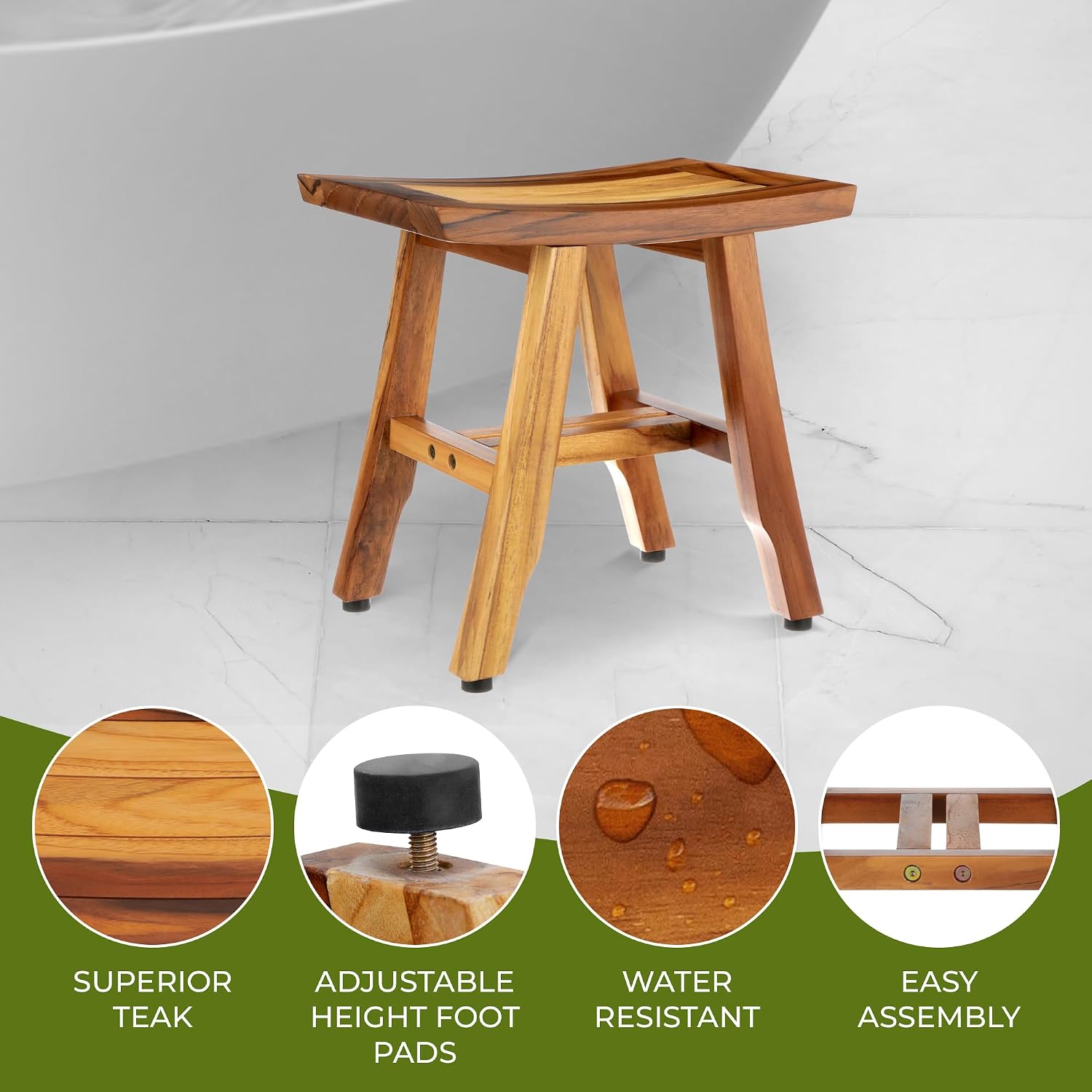 EcoDecors® Satori® 14' Solid Teak Shower Bench, Water-Resistant Bath Stool with Adjustable Feet, EarthyTeak Finish, Indoor/Outdoor Use