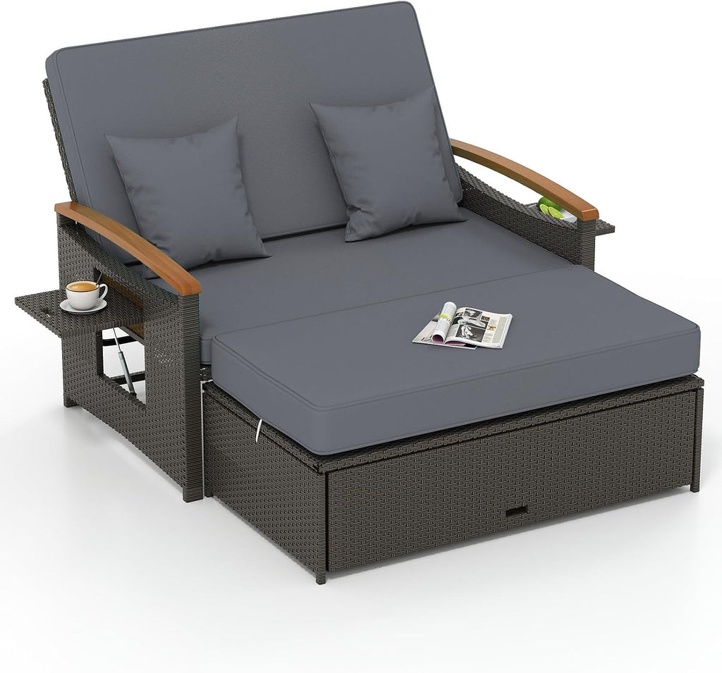 Tangkula Patio Rattan Daybed with 4-Level Adjustable Backrest, Outdoor Wicker Loveseat with Acacia Wood Armrest, Storage Ottoman & Folding Tray, Double Sunbed for Lawn Yard & Poolside, Grey & Brown