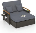 Tangkula Patio Rattan Daybed with 4-Level Adjustable Backrest, Outdoor Wicker Loveseat with Acacia Wood Armrest, Storage Ottoman & Folding Tray, Double Sunbed for Lawn Yard & Poolside, Grey & Brown