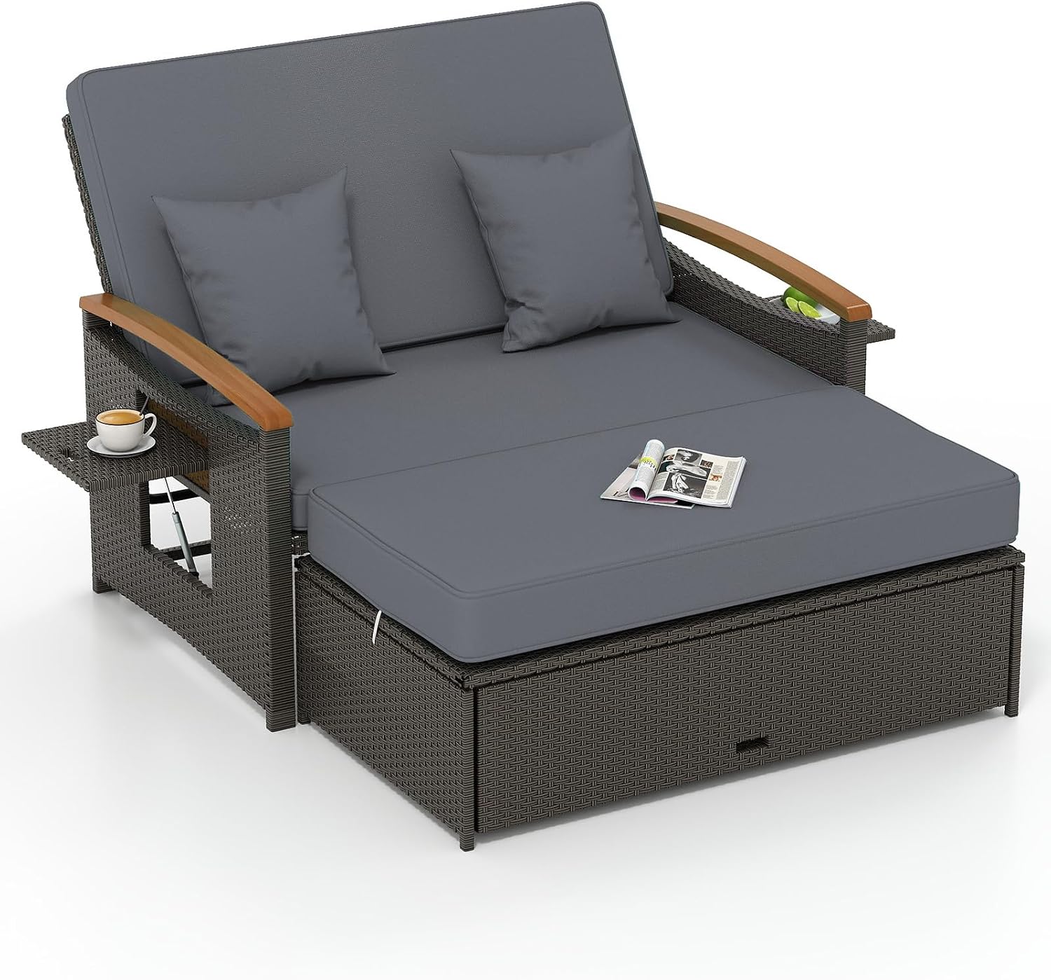 Tangkula Patio Rattan Daybed with 4-Level Adjustable Backrest, Outdoor Wicker Loveseat with Acacia Wood Armrest, Storage Ottoman & Folding Tray, Double Sunbed for Lawn Yard & Poolside, Grey & Brown