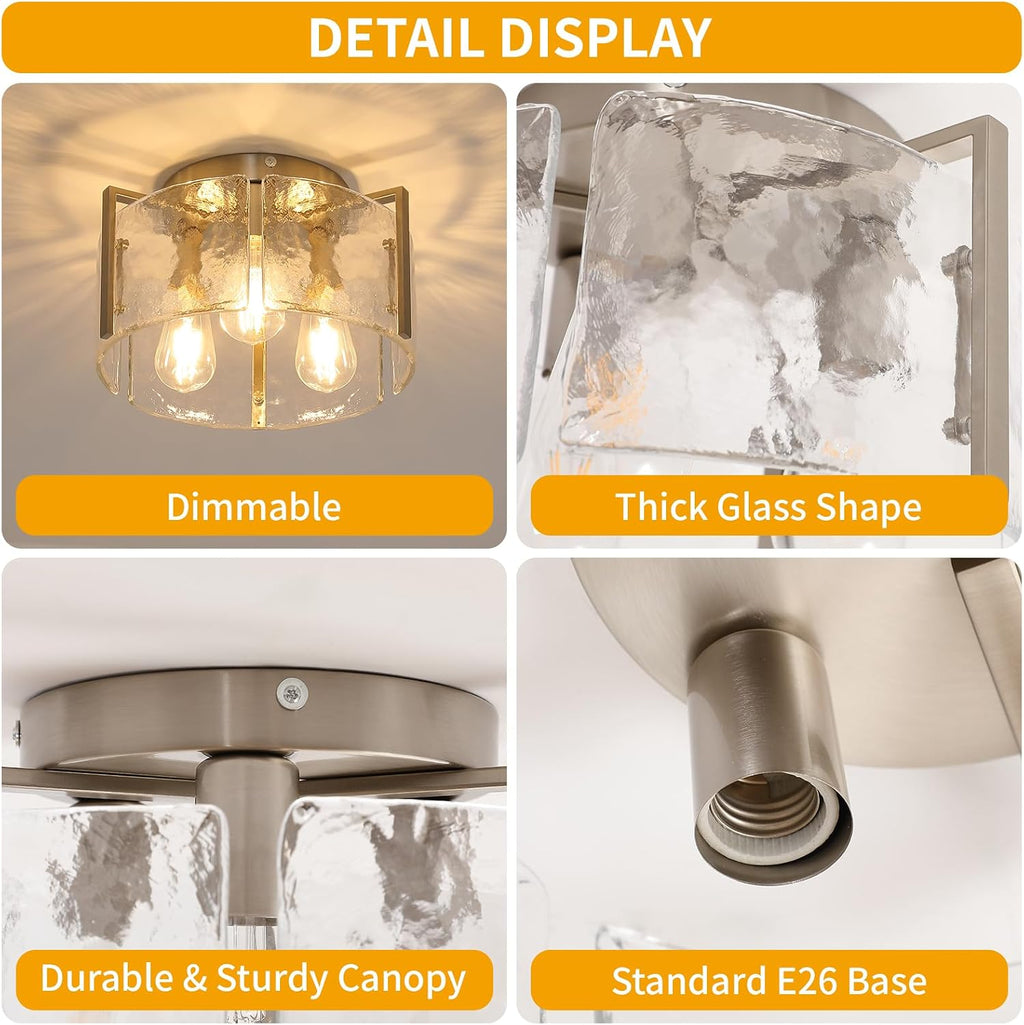 Modern 3-Light Semi Flush Mount Ceiling Light, Brushed Nickel Finish with Water Ripple Glass Shade, Farmhouse Close to Ceiling Light Fixture for Hallway, Bedroom, Kitchen, Living Room, Entryway