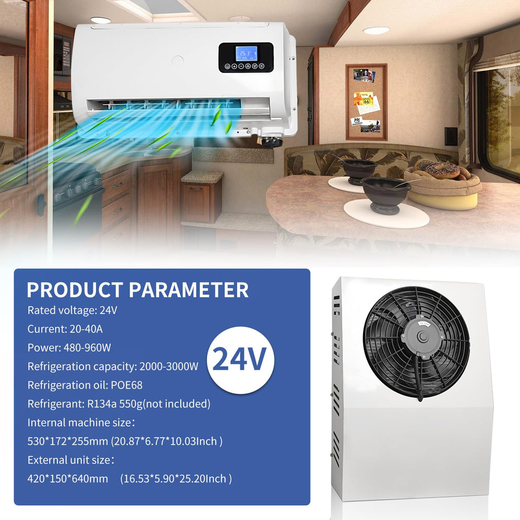 24V dc Truck Camper Van Air Conditioner 10000BTU Universal 24 Volt Electric RV Automotive Split Air Conditioning ac Unit for semi trucks RV Motorhome Crane Tractor (White - Metal Shell)
