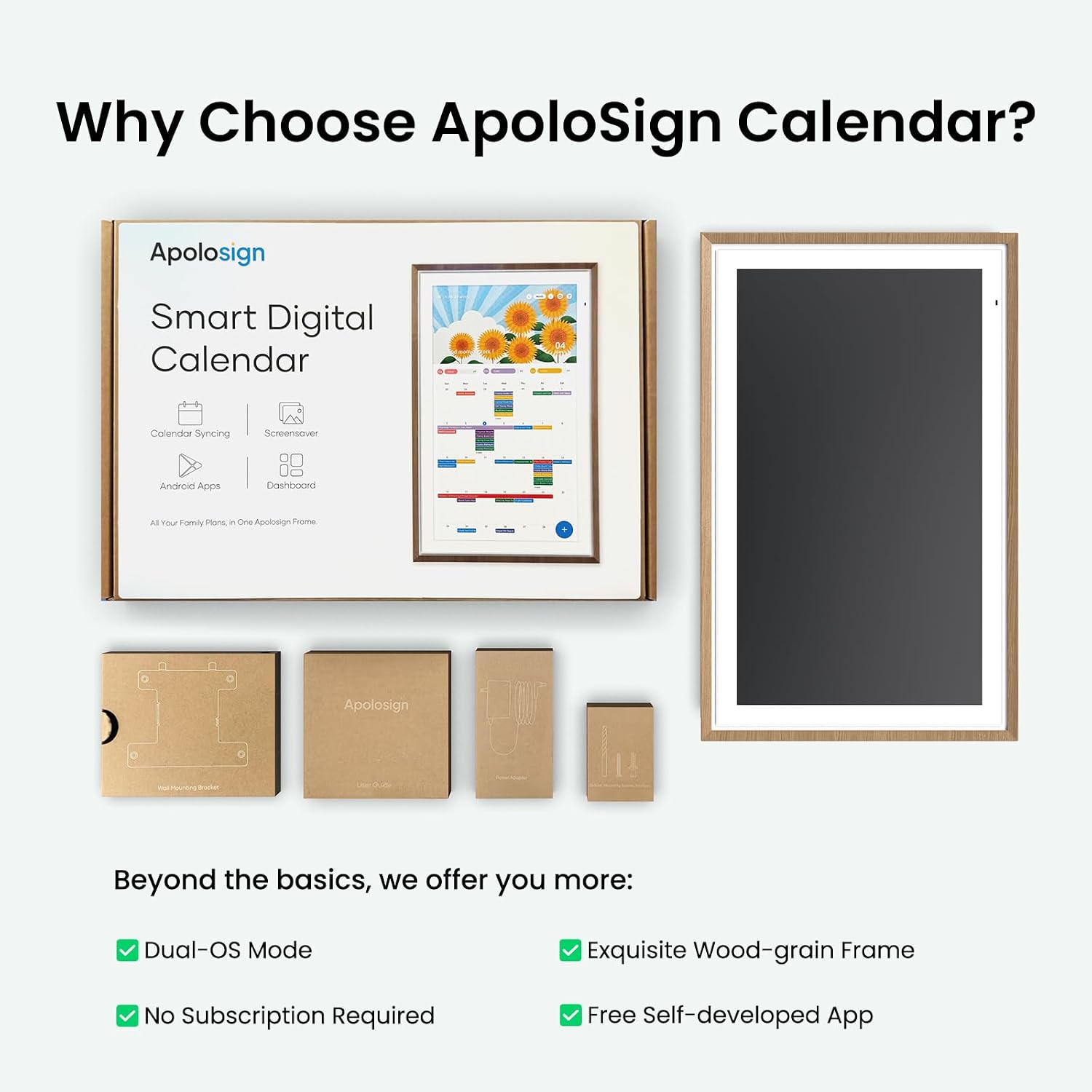 Apolosign 27-inch Digital Calendar : Dual Mode Smart Wall Planner, No Subscription, Install Apps, Sync Calendars, Electronic Touchscreen Interactive Display for Family Schedules, Chore Chart - with Stand (Teak)