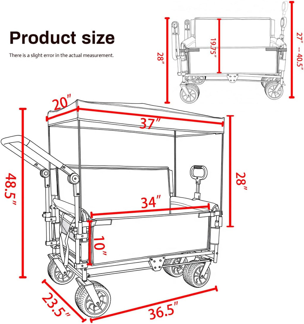 ZeHuoGe 3-in-1 Folding Wagon Cart with Bench Seat & Canopy & Storage, 500lbs Heavy-Duty, 180L Capacity, All-Terrain Wagon for Camping, Beach, Sports, & Garden (Black)