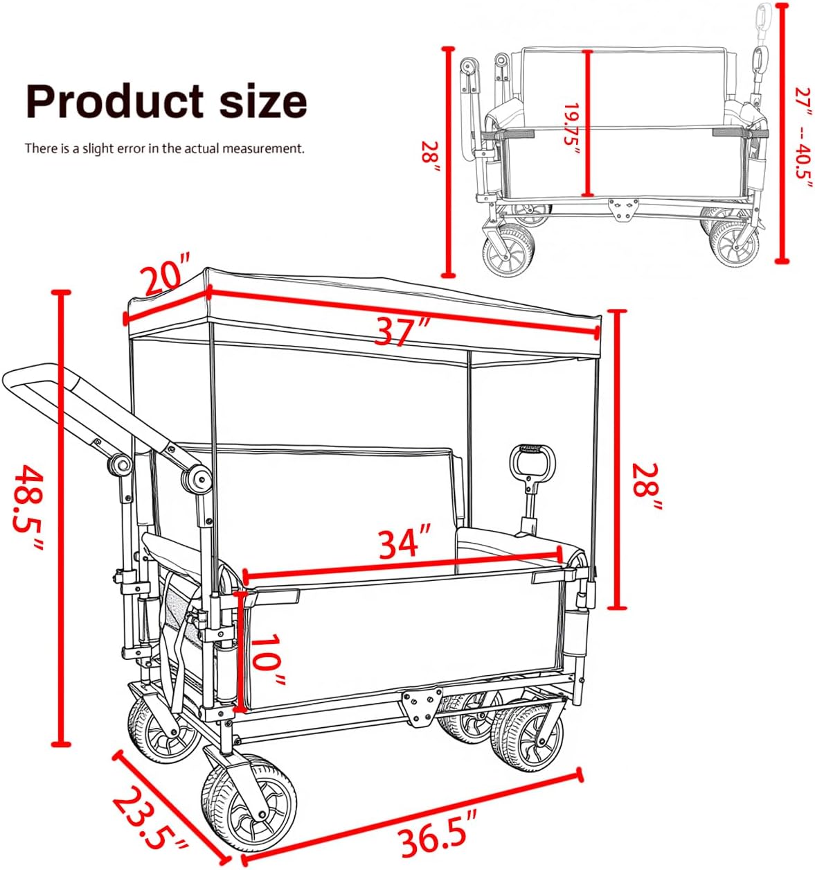 ZeHuoGe 3-in-1 Folding Wagon Cart with Bench Seat & Canopy & Storage, 500lbs Heavy-Duty, 180L Capacity, All-Terrain Wagon for Camping, Beach, Sports, & Garden (Black)