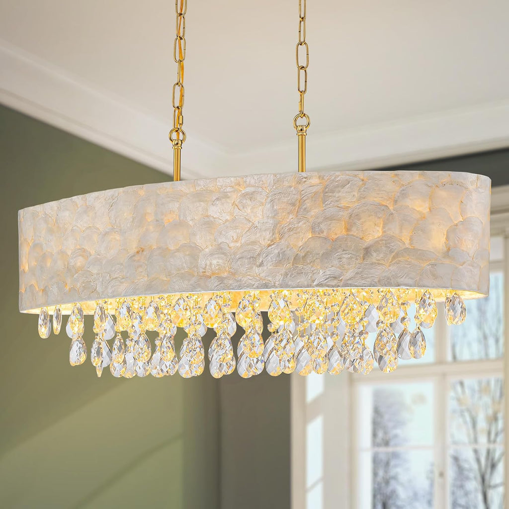 LumFurn 6-Light Oval Capiz Shell Crystal Linear Chandeliers, Coastal Design Light Fixture for Dining Room, Kitchen Island, L32xW12xH19~65in(Adjustable), K9 Crystal, Shell Lampshade & Brass Finish