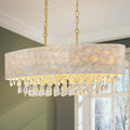 LumFurn 6-Light Oval Capiz Shell Crystal Linear Chandeliers, Coastal Design Light Fixture for Dining Room, Kitchen Island, L32xW12xH19~65in(Adjustable), K9 Crystal, Shell Lampshade & Brass Finish