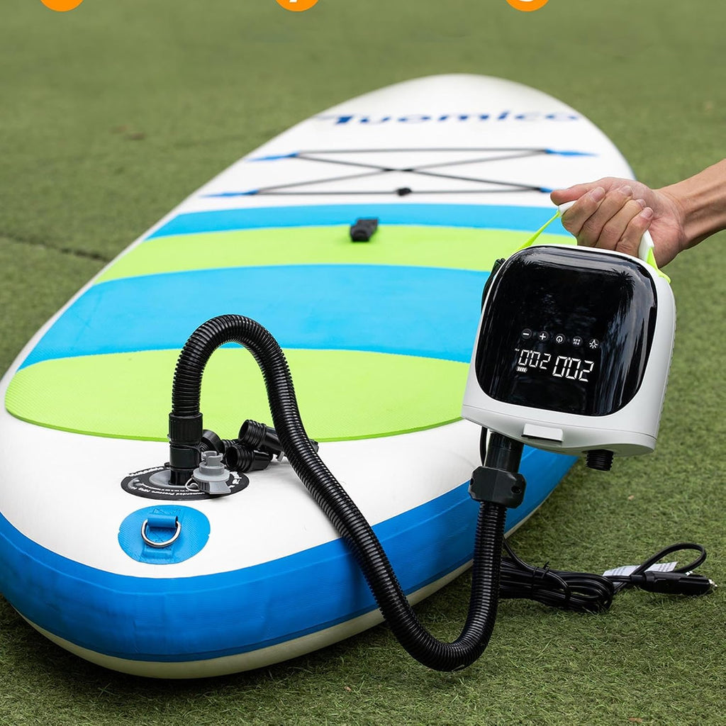FTVOGUE Electric Paddle Board Pump 20PSI Fast Inflation Deflation with LCD Screen and Auto Stop Rechargeable Air Pump for Inflatable Kayak Tent with 7 Adapters and LED Light