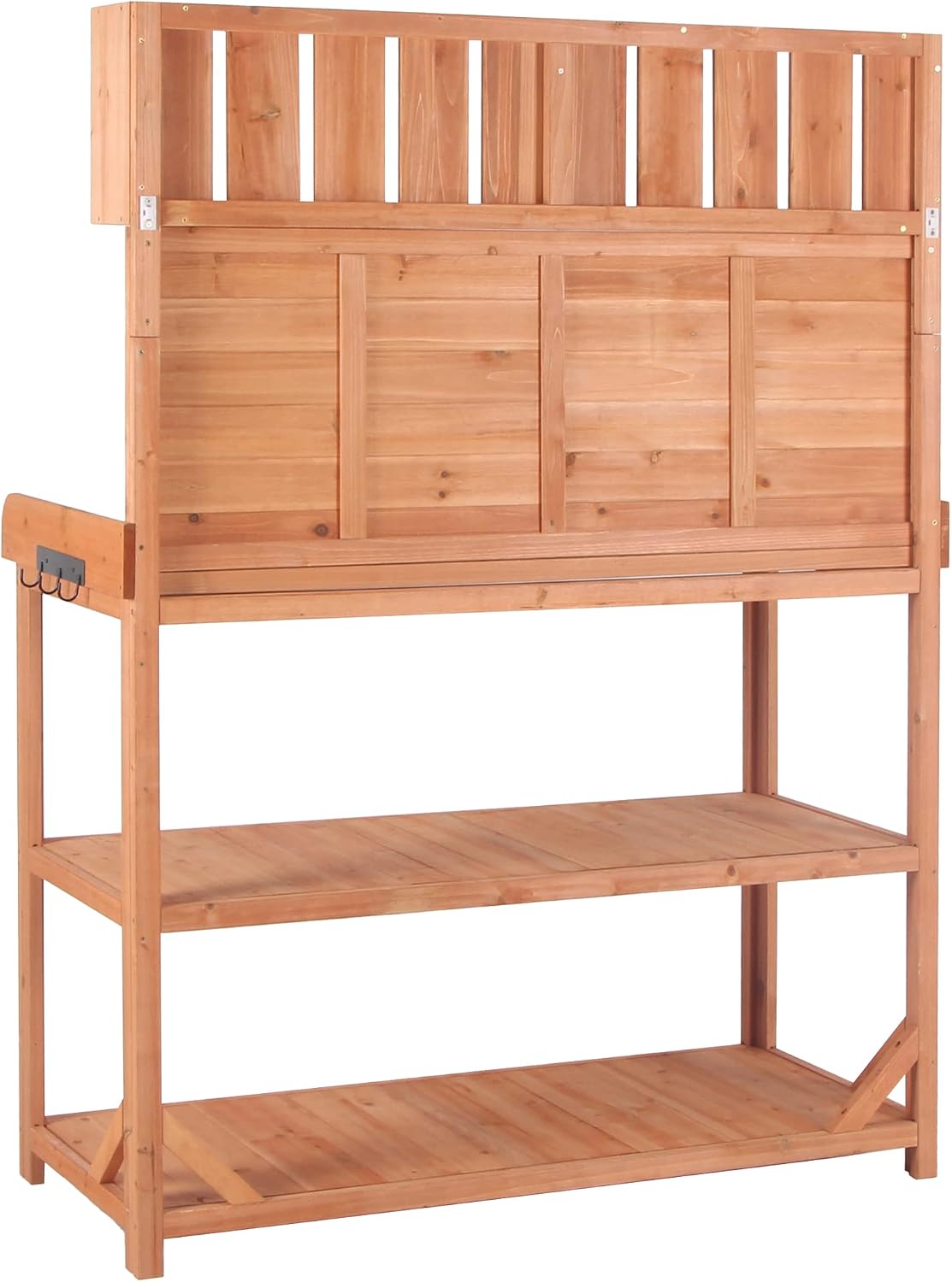 Farmhouse Rustic Outdoor Potting Bench Table, 65' Large Wooden Garden Potting Bench with 4 Storage Shelves and Side Hook, Spacious Patio Workstation