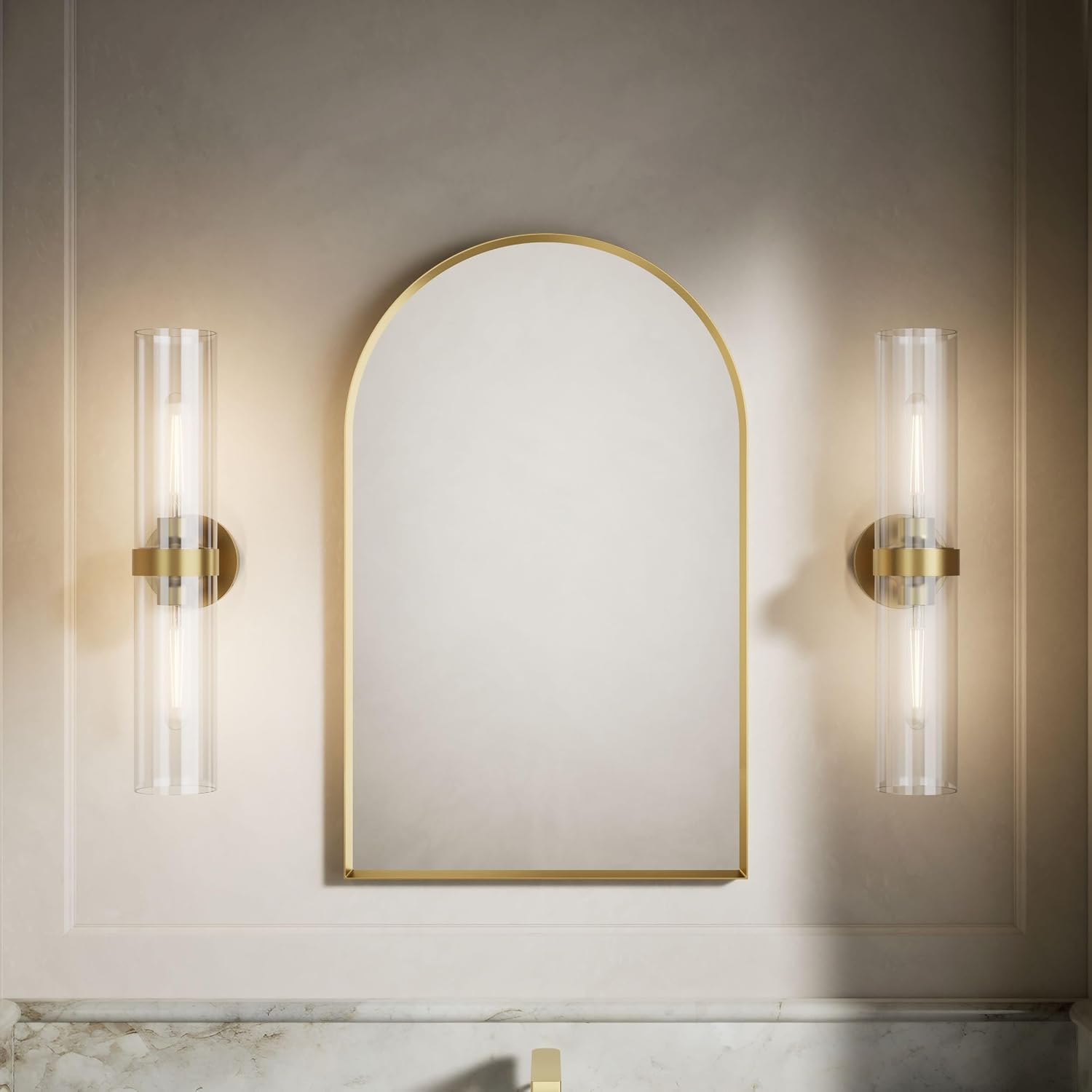 Essential 20 in. X 32 in. Arch Framed Mirror in Moderne Brushed Gold