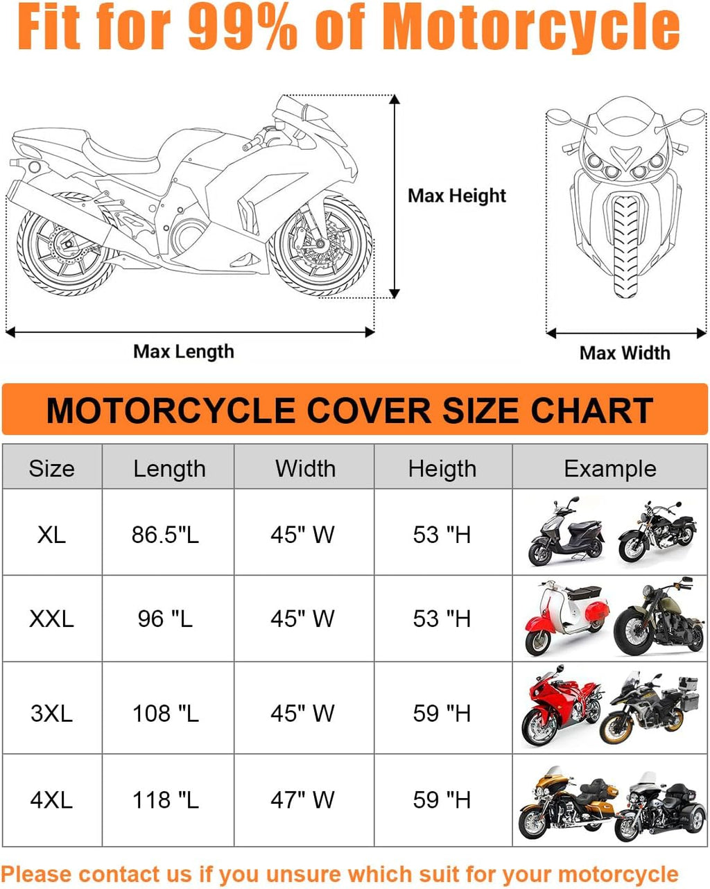 Full Enclosed Large Motorcycle Cover Waterproof Outdoor/Indoor Storage Motorcycle Cover Heavy Duty with Reflective Strips Fits Motorcycles Length up to 118' with Side+Top Box (Black+Sliver)