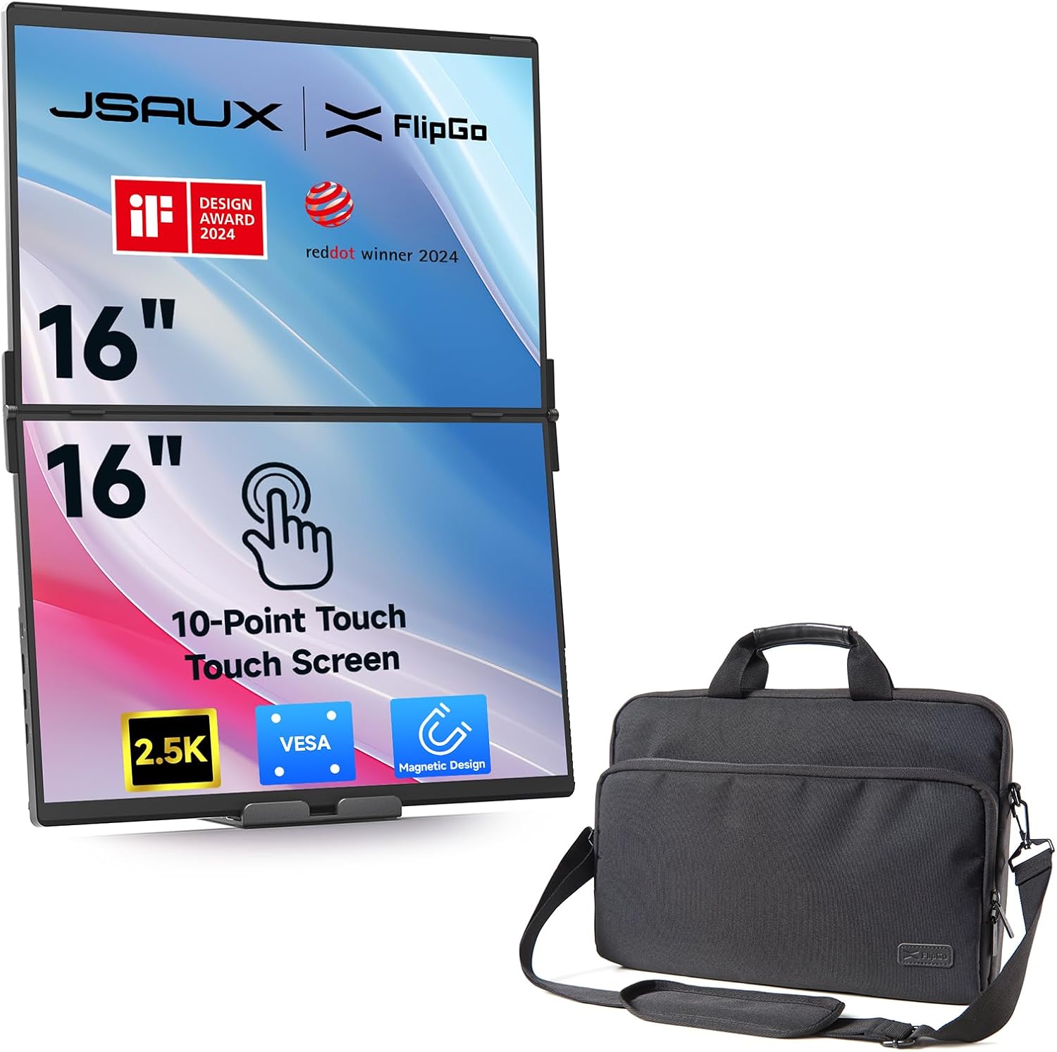 JSAUX FlipGo Touchscreen 16' 2.5K Dual Screen Portable Monitor & Carry Bag