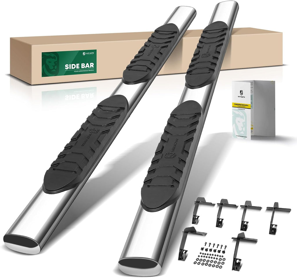 YHTAUTO 5 Inch Running Boards Side Steps Fit Ram 1500 2019-2026(Excl. Ram 1500 Classic) (Extended Cab/Quad Cab) Oval Straight Stainless Steel Polished Chrome, Truck Cab Side Step Rails