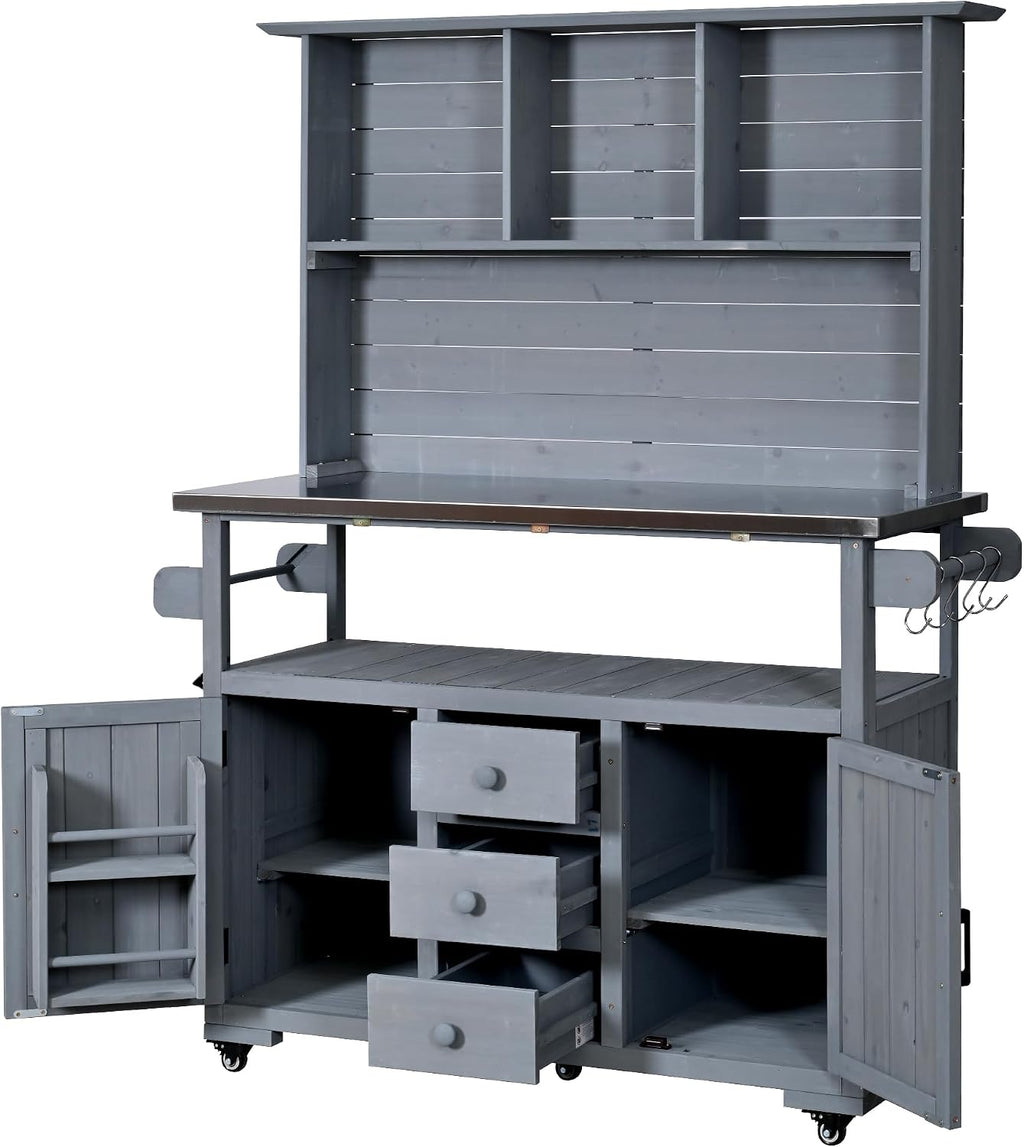 Versatile Garden Potting Bench with Stainless Steel Countertop, Outdoor Workstation for BBQ & Patio Cooking, Mobile Storage Cart Kitchen Island with Wheels (Gray/B)