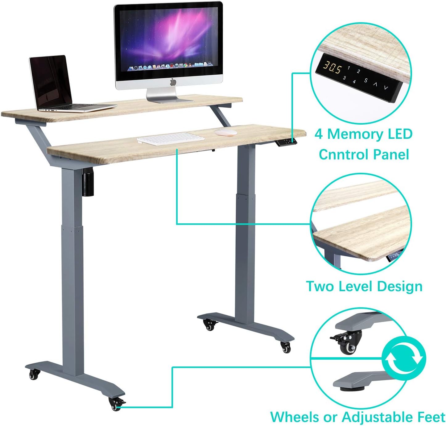 UNICOO Electric Height Adjustable 2-Tier Raising Desk with Wheels, Mobile Standing Desk with Monitor Stand, Ergonomic Adjustable Computer Table, Electric Standing Game Table for Home Office