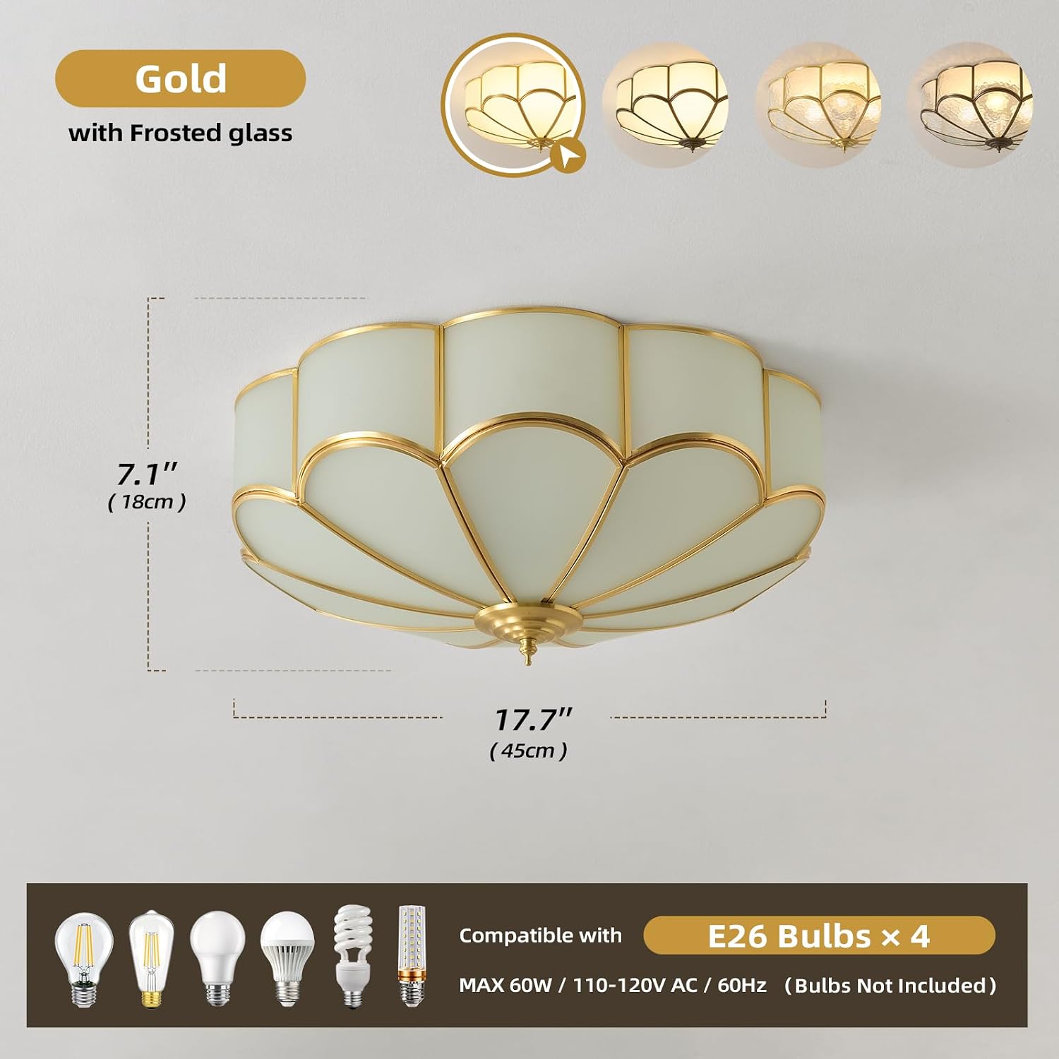 Brass Vintage Gold Ceiling Light - Large 17.7 Inch Milk Glass Mid Century Flush Mount Lighting Fixtures - Art Deco Antique Modern Lamp for Hallway Bathroom Bedroom Kitchen Entryway Laundry Foyer Hall