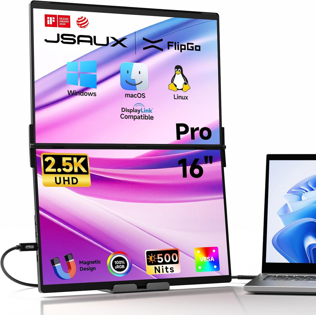 JSAUX FlipGo Pro 16' Dual Portable Monitors FilpGo Extended Screen Laptop Bag