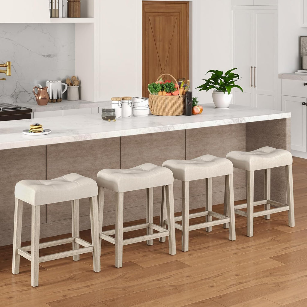 NAFORT Counter Height Saddle Stool Set of 4, Wooden Upholstered Stools Set with Rubber Wood Legs, High-Density Sponge Cushion, Non-Slip Pads, Backless Saddle Chair for Living Room, Kitchen, Pub, Beige