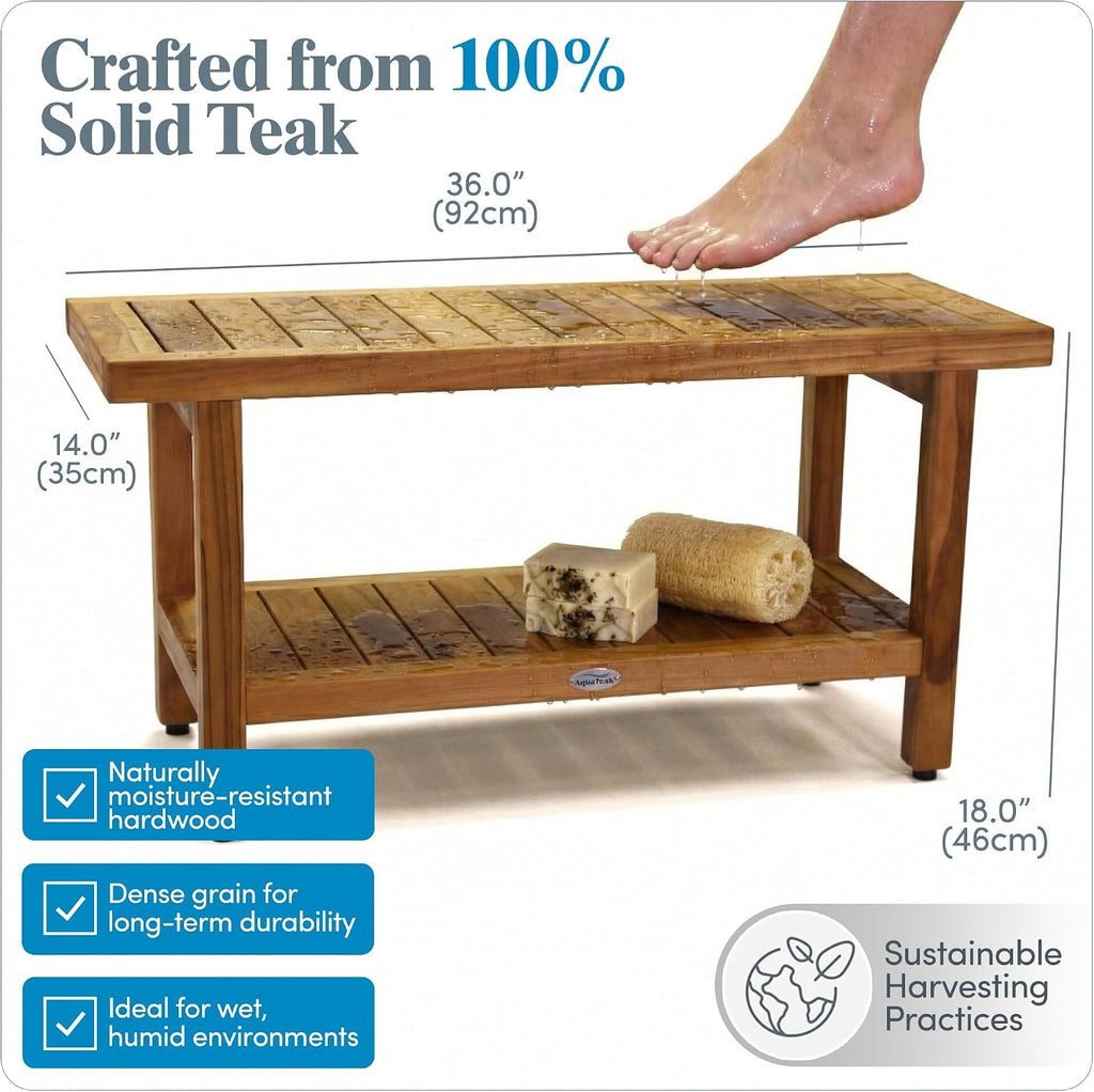 AquaTeak The Original 36' Spa Teak Shower Bench - Shower Stool with Storage Shelf for Bathroom - Durable Water Resistant Shower Chair - Shaving Foot Rest - Indoor & Outdoor Use