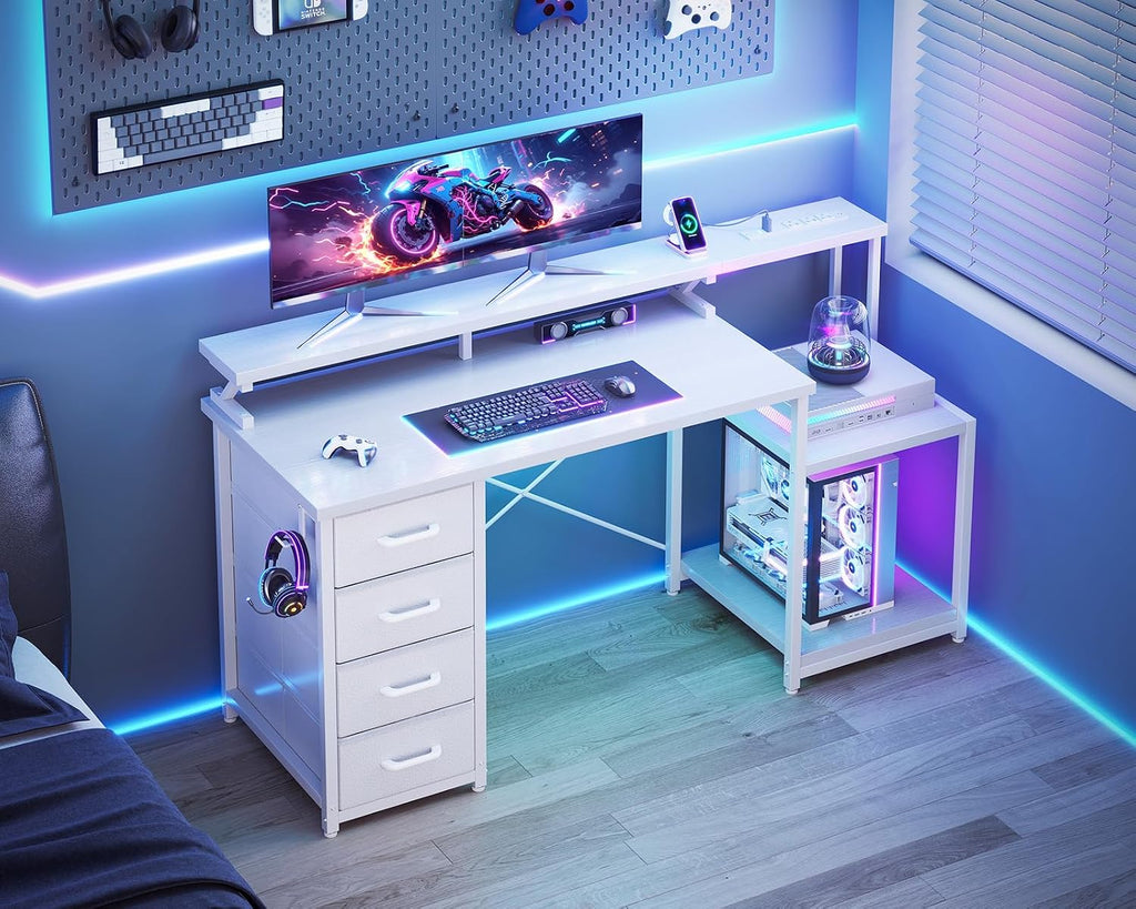ODK 55 Inch Gaming Computer Desk with Power Outlets and 4 Drawers, Large Home Office Desk with Monitor Stand, Printer Shelf and Storage Shelves for Gaming or Bedroom Setup, White