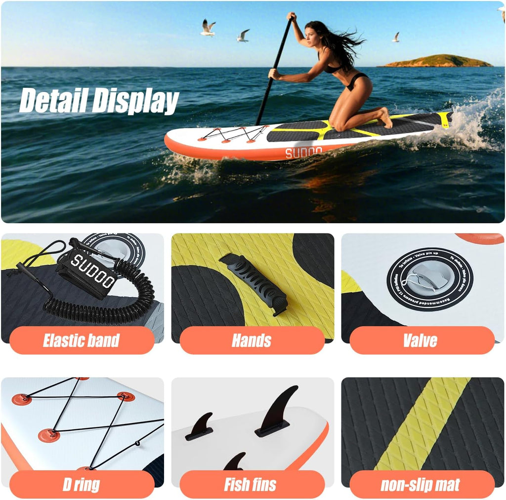 SUDOO Inflatable Stand Up Paddle Board 10'/ 10'6' SUP with 450LB Weight Capacity Adjustable Paddle Wide Stable Non Slip EVA Deck Complete Accessories for Adults Beginners Youth Outdoor Water Sports