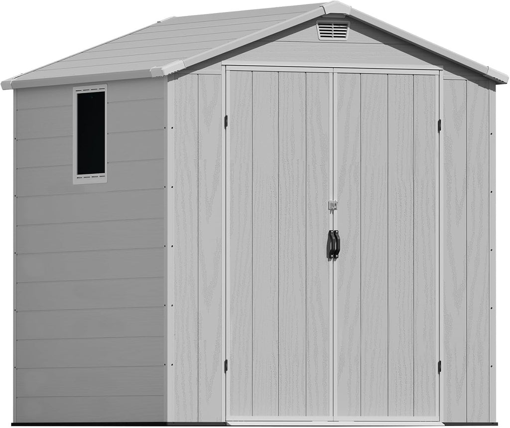 Greesum 6x6FT Plastic Outdoor Storage Shed with Floor, Resin Sheds with Lockable Double Door, Tool Sheds with Window and Vents, for Garden, Backyard, Patio, Light Gray