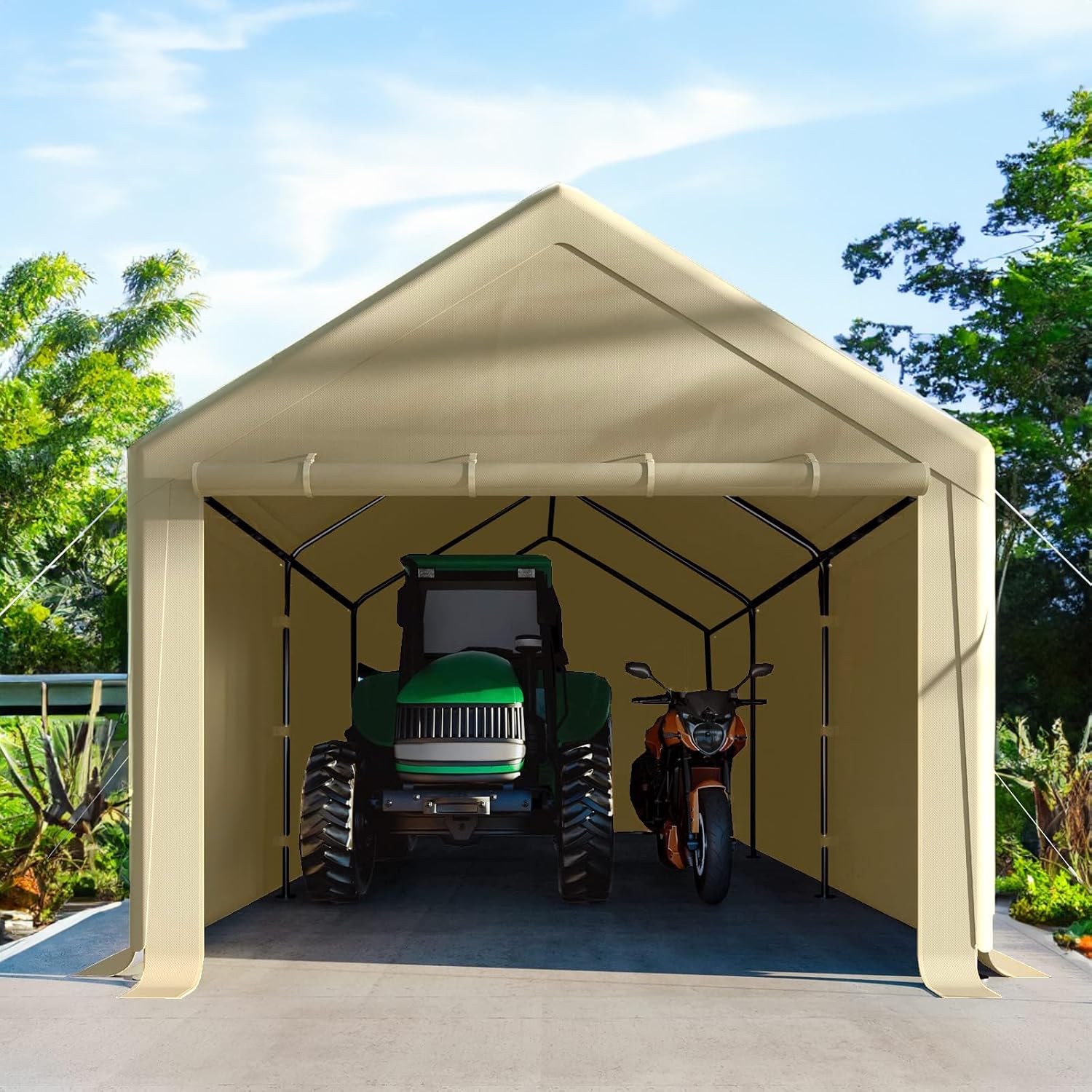 10x20 FT Heavy Duty Carport Car Tent Car Canopy Storage Shed, Portable Garage with Removable Sidewalls & Doors All-Season Tarp for Car,Truck,SUV,Party Beige