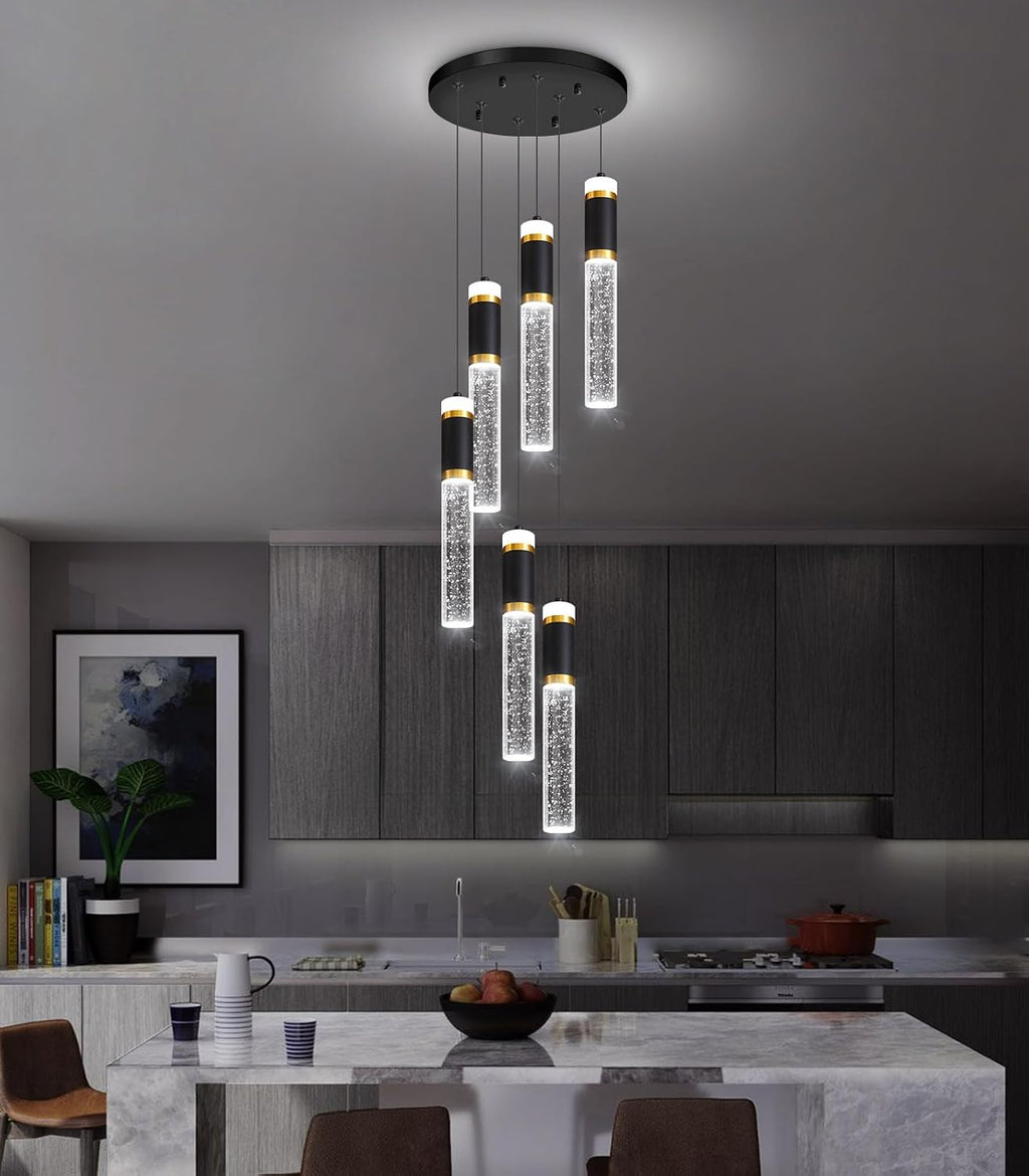 6-Lights Modern Crystal Spiral Chandelier for Staircase High Ceiling Chandeliers Bubble Pendant Lighting Hanging Light Fixture Flush Mount for Living Room Foyer Entryway