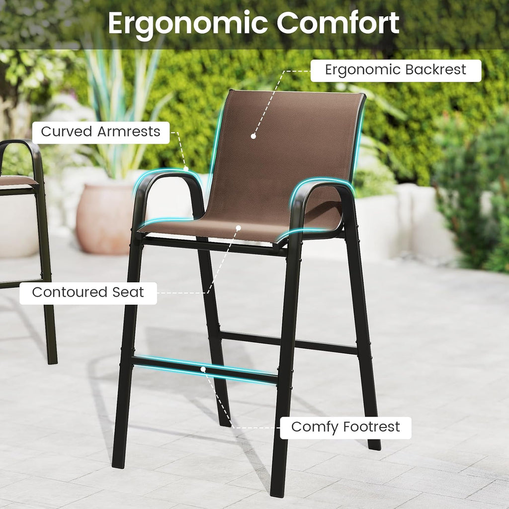 Tangkula 3 Piece Outdoor Bar Set, Patio Bar Height Table & Armchairs with Footrest, Wood Plastic Tabletop & 2-Tier Shelf, Heavy-Duty Metal Barstools & Table Furniture for Backyard, Poolside (Brown)